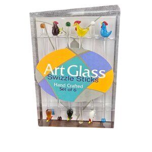 Handcrafted Art Glass Swizzle Sticks Set Of 6 Rooster Design